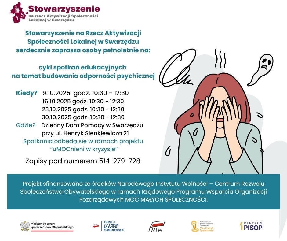 Plakat zapraszający na cykl spotkań o budowaniu odporności psychicznej w Dziennym Domu Pomocy w Swarzędzu.