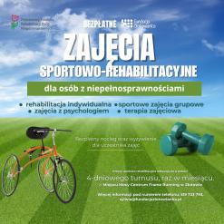Plakat informujÄcy o bezpÅatnych zajÄciach sportowo-rehabilitacyjnych dla osÃ³b z niepeÅnosprawnoÅciami, organizowanych przez FundacjÄ ZÅotowianka w ZÅotowie, z bezpÅatnym noclegiem i wyÅ¼ywieniem, obejmujÄcych rehabilitacjÄ, zajÄcia z psychologiem i terapiÄ zajÄciowÄ.