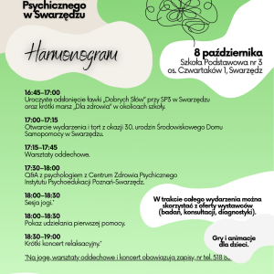 Harmonogram Światowego Dnia Zdrowia Psychicznego w Swarzędzu przedstawiony w formie plakatu.