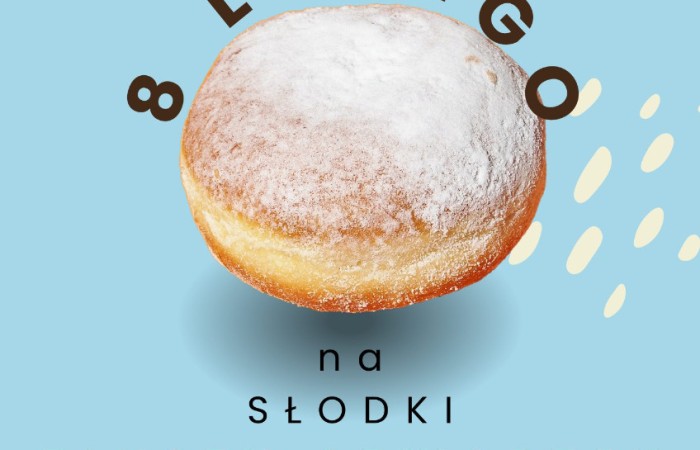 Grafika pączka unoszącego się nad błękitnym tłem, otacza go brązowy napis: 8 lutego na słodki 